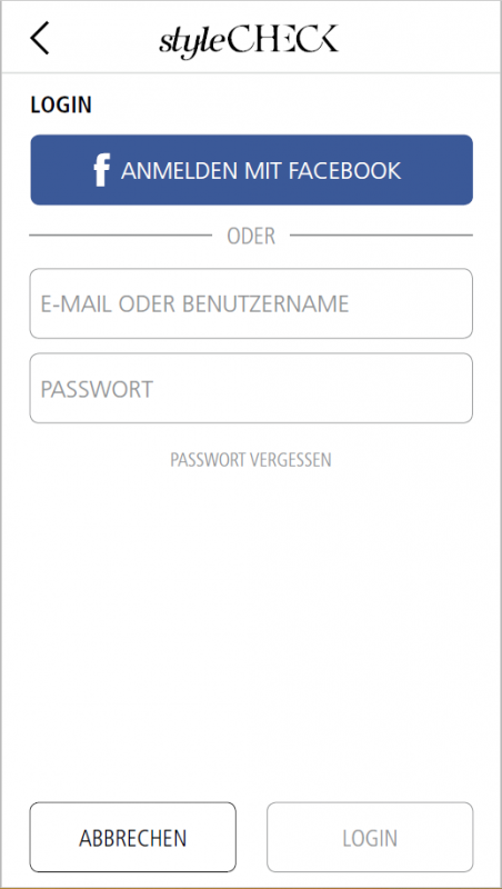 Das Bild zeigt den Social Login der Fashion-App StyleCheck.