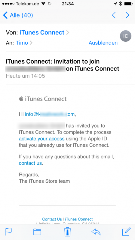 Screen Mail von iTunes Connect Testeinladung